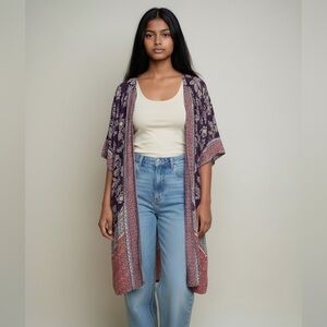 Purple Floral Boho Kimono Cardigan Duster Size M